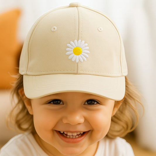 Sunny Daisy Toddler Cap – Beige Embroidered Charm