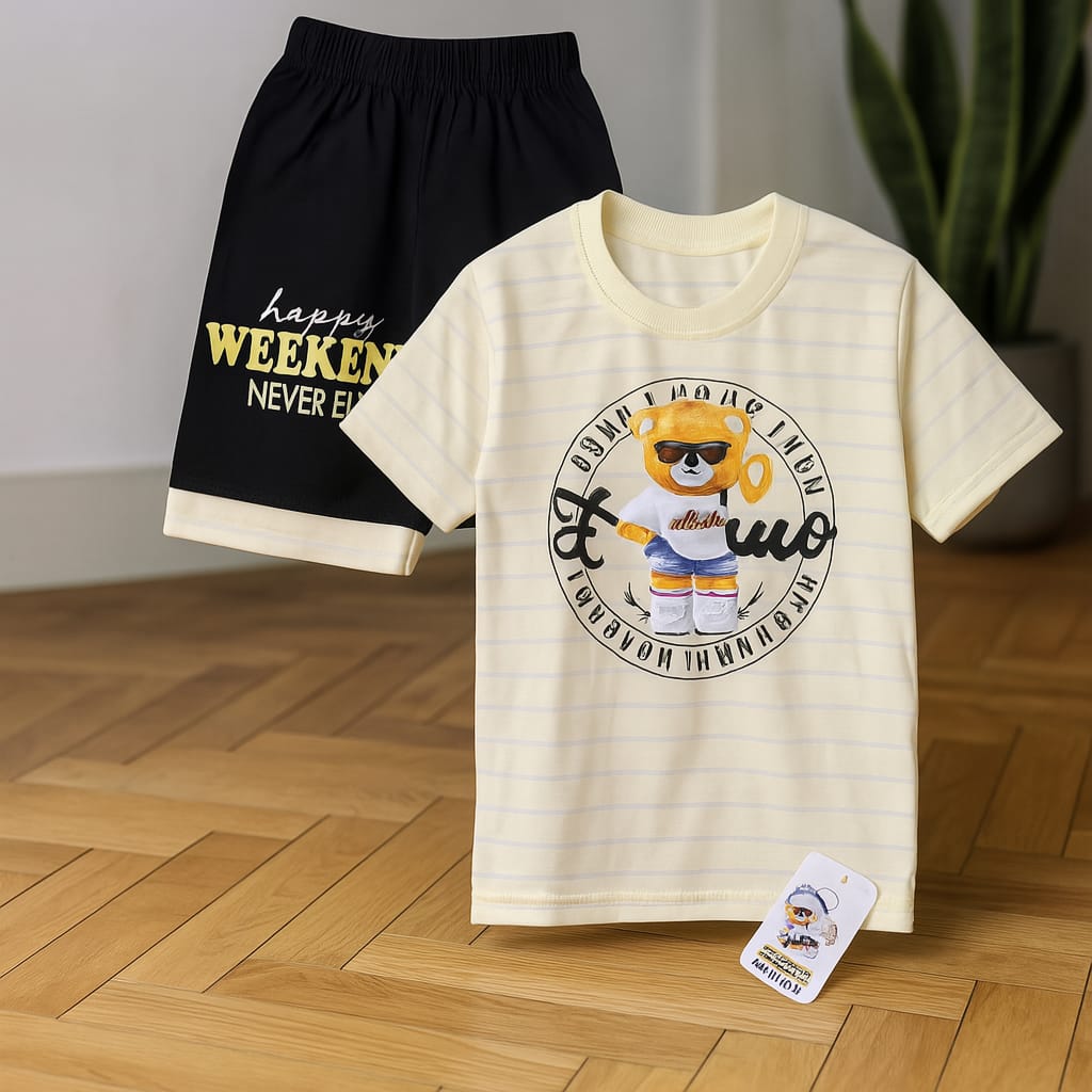 Baby T-Shirt & Shorts Set - Happy Weekend Bear Suit for Summer (2 Sizes Each)