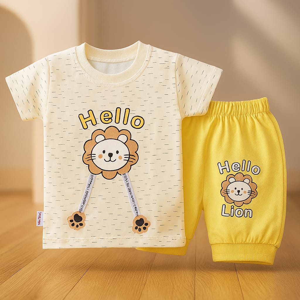 Baby Summer Suit Set - Hello Lion T-Shirt & Shorts for Boys & Girls (2 Sizes)