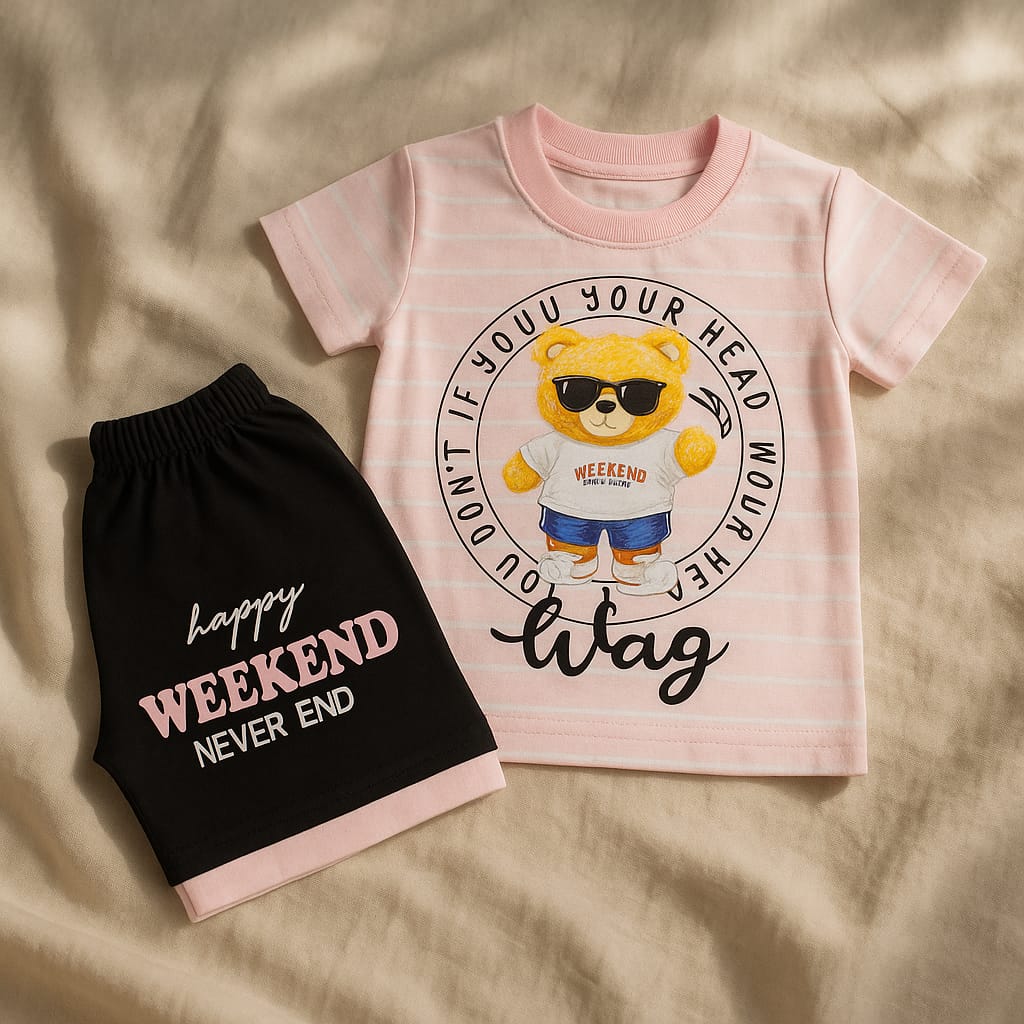 Baby T-Shirt & Shorts Set - Happy Weekend Bear Suit for Summer (2 Sizes Each)
