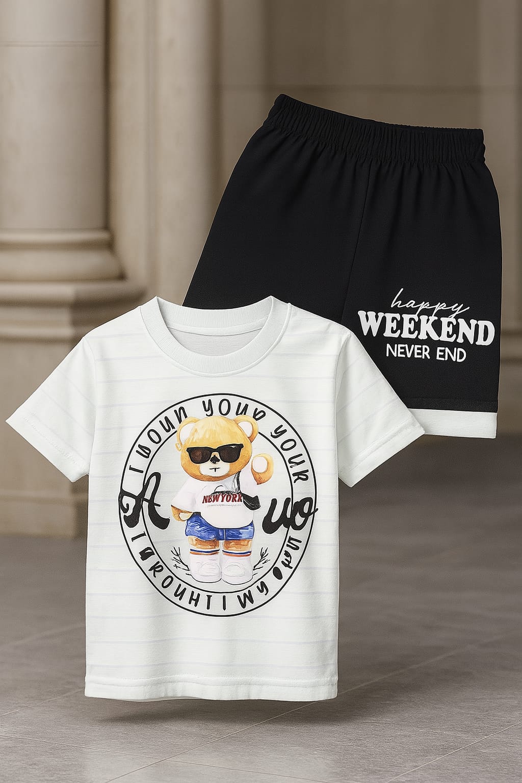 Baby T-Shirt & Shorts Set - Happy Weekend Bear Suit for Summer (2 Sizes Each)