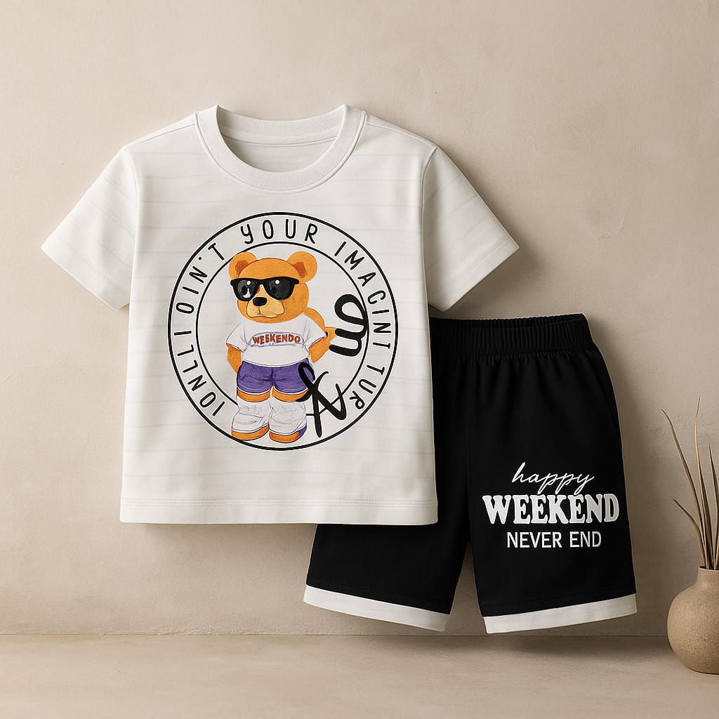 Baby T-Shirt & Shorts Set - Happy Weekend Bear Suit for Summer (2 Sizes Each)