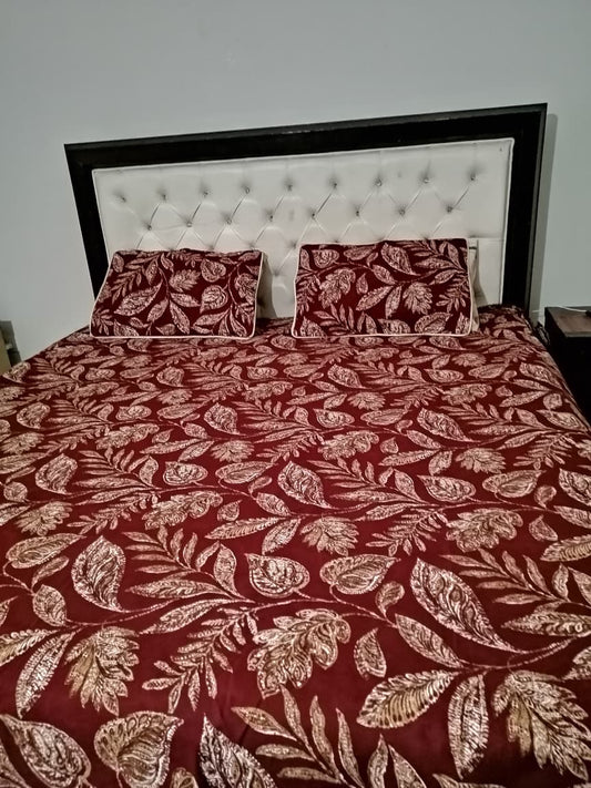 Double/Single Bed Sheet Set | Maroon & Golden Leaf Print Design | Premium Quality Bed Cover with 2 Pillow Covers
