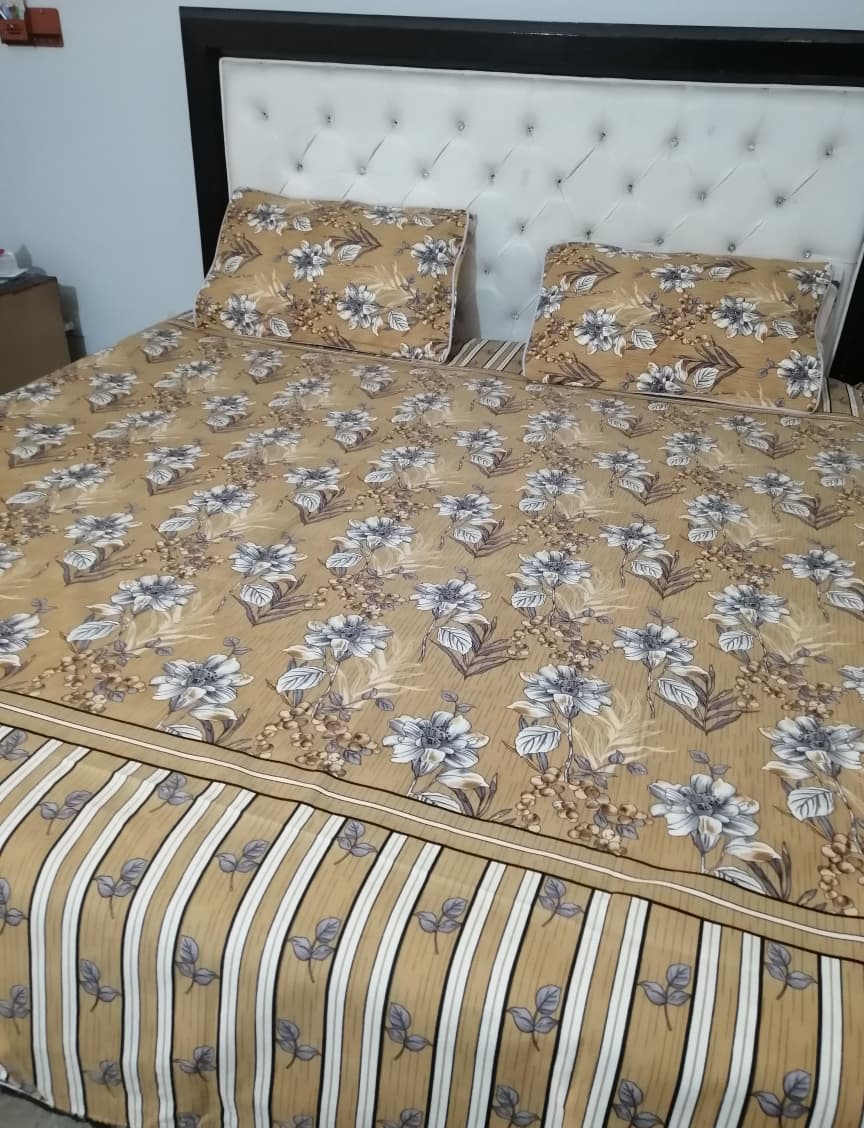 Floral Printed Double Bed Sheet Set | Mustard & Grey Flowers with Striped Border Design