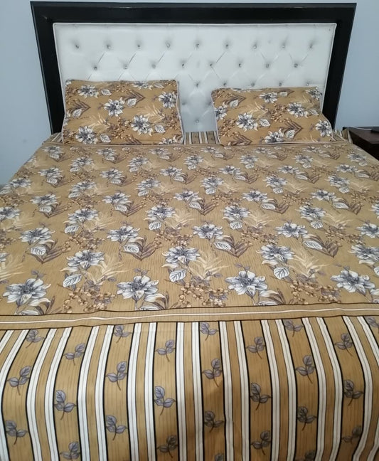 Floral Printed Double Bed Sheet Set | Mustard & Grey Flowers with Striped Border Design
