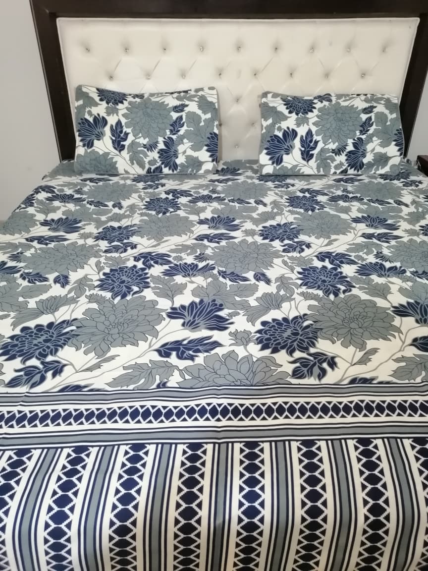 Double Bed Sheet Set | Blue & Grey Flowers on White Base with Striped Border