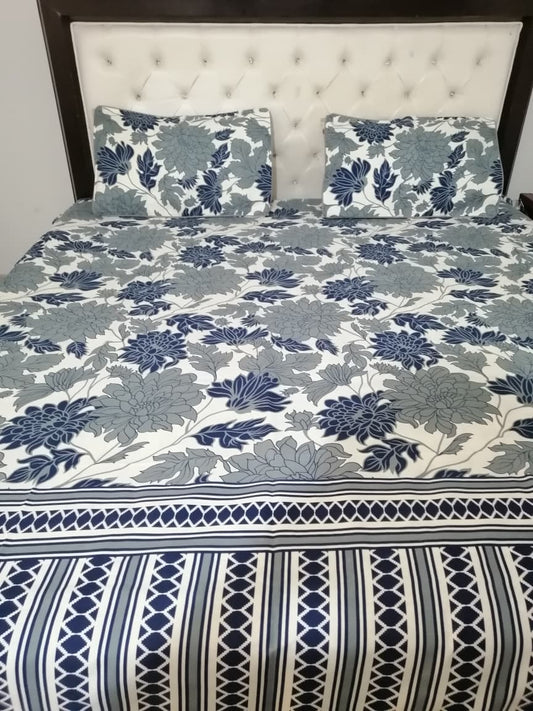 Double Bed Sheet Set | Blue & Grey Flowers on White Base with Striped Border