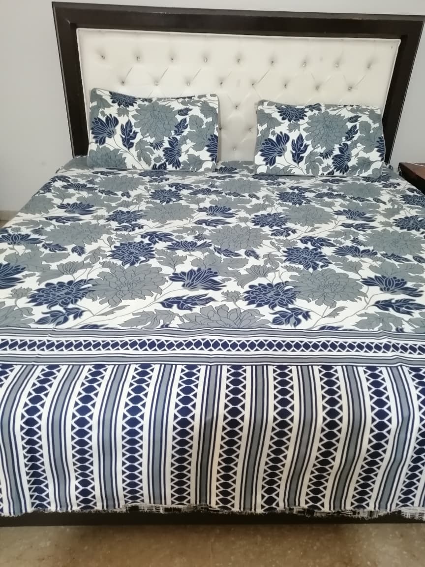 Double Bed Sheet Set | Blue & Grey Flowers on White Base with Striped Border