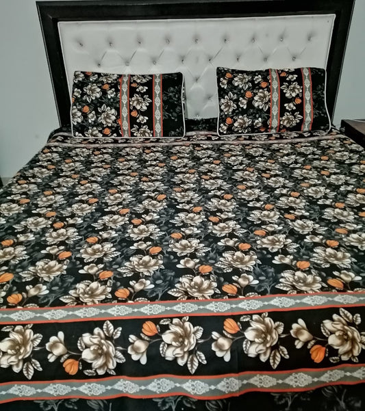 Premium Floral Printed Double Bed Sheet Set | Black Base with Beige & Orange Flower Design