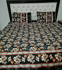Premium Floral Printed Double Bed Sheet Set | Black Base with Beige & Orange Flower Design