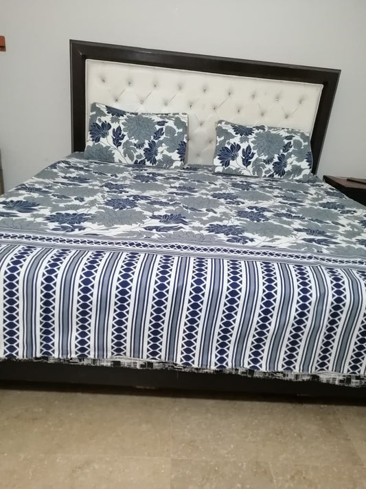 Double Bed Sheet Set | Blue & Grey Flowers on White Base with Striped Border