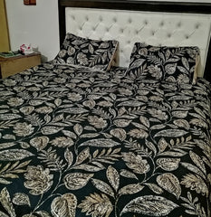 Double Bed Sheet Set | Black Base with Golden Leaf Design
