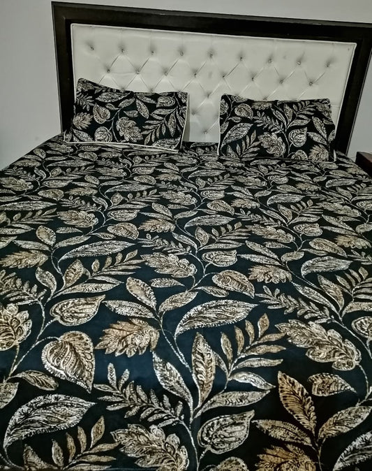Double Bed Sheet Set | Black Base with Golden Leaf Design