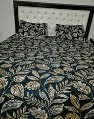 Double Bed Sheet Set | Black Base with Golden Leaf Design