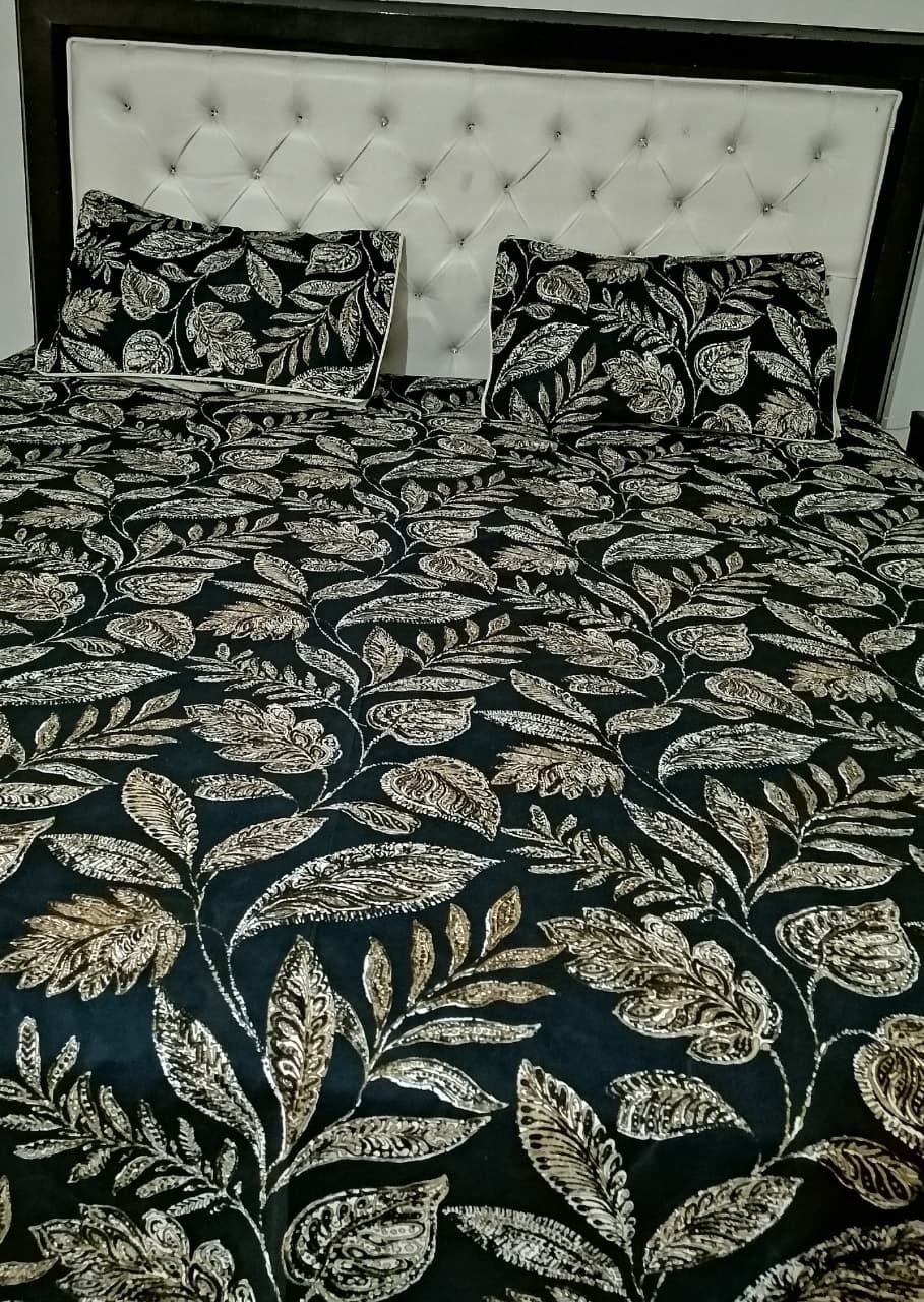 Double Bed Sheet Set | Black Base with Golden Leaf Design