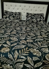 Double Bed Sheet Set | Black Base with Golden Leaf Design