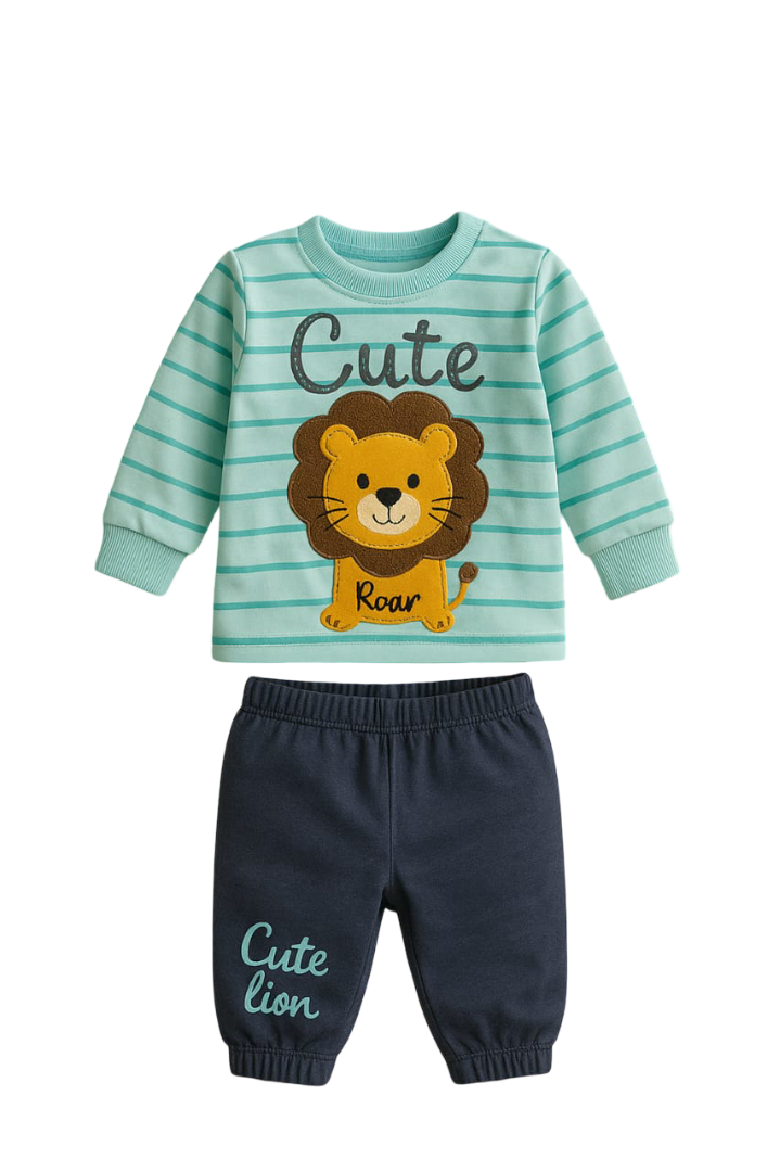 Roar & Explore: 2-Piece Organic Baby Outfit Set – Lion Tee & Navy Pants