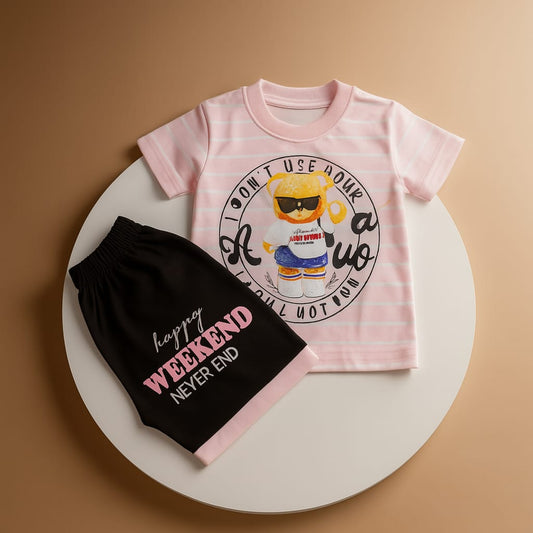 Baby T-Shirt & Shorts Set - Happy Weekend Bear Suit for Summer (2 Sizes Each)